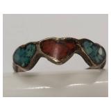 Vintage Sterling Silver Ring with Turquoise and Coral Inlay