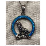 Sterling Silver Opal Inlay Wolf Pendant Necklace