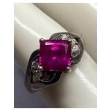 Vintage Sterling Silver Square Pink Gemstone Ring