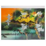3-Section Vintage Inlaid Japanese Lacquered Panel Artwork w/Inlaid Mother-of-Pearl
