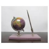Inlaid Stone Desk Globe w/Pen Holder & Pen