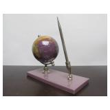 Inlaid Stone Desk Globe w/Pen Holder & Pen