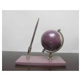 Inlaid Stone Desk Globe w/Pen Holder & Pen