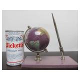 Inlaid Stone Desk Globe w/Pen Holder & Pen
