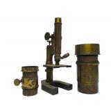 Antique Brass Microscope & 2 Larges Brass Lenses (AS IS)