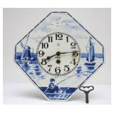 Antique Delft Blue Wall Clock w/Pendulum & Key