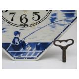 Antique Delft Blue Wall Clock w/Pendulum & Key
