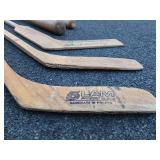 Group of Vintage Wooden Hockey Sticks & Baseball Bats