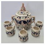 Old Vintage German GERZ Stoneware Tureen w/Cups for Punch or Mulled Cider