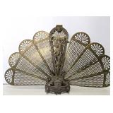 Ornate Old Art Nouveau Figural Brass Fireplace Fan Screen