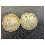 2 1945 D Walking Liberty Half Dollars