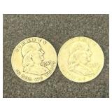 2 1957 D Franklin Half Dollars