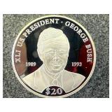 2000 Republic of Liberia $20 George Bush Coin 20 grams .999 Silver
