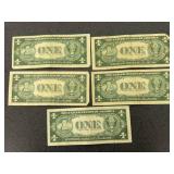 5 US Mint $1 Silver Certificates