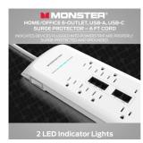 Monster 6ft Heavy Duty Power Strip & Surge Protector, 8 Outlets, USB-A & USB-C, 4050 Joules - WHITE