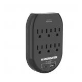 Monster Essentials Power Wall Tap Surge Protector, 6 Outlets + USB Ports Black