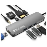 Verbatim 9-in-1 USB C Hub Adapter - 100W Power Delivery, USB 3.0, SD Card Readers, Gigabit LAN, 3.5mm Port for USB C Laptops