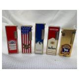 5 Advertising Side Spin Lighters Budweiser, Busch, Marlboro & The White Horse Cellar