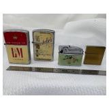 4 Vintage Continental Lighters (2) Zippo Style Chesterfield & L&M Filter (1) Enamel Hummingbird Top Light & Mini Slim Brass Zippo Style