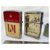 4 Vintage Continental Lighters (2) Zippo Style Chesterfield & L&M Filter (1) Enamel Hummingbird Top Light & Mini Slim Brass Zippo Style