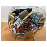 General Store Cookie Jar Filled With 100+ MCM, Vintage and Retro Smalls; Advertising and Other Fun Random Items - Lighters, Buttons, Keychains, Tape measure, etc