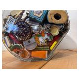 General Store Cookie Jar Filled With 100+ MCM, Vintage and Retro Smalls; Advertising and Other Fun Random Items - Lighters, Buttons, Keychains, Tape measure, etc