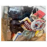 General Store Cookie Jar Filled With 100+ MCM, Vintage and Retro Smalls; Advertising and Other Fun Random Items - Lighters, Buttons, Keychains, Tape measure, etc