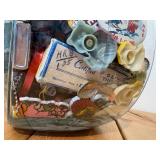 General Store Cookie Jar Filled With 100+ MCM, Vintage and Retro Smalls; Advertising and Other Fun Random Items - Lighters, Buttons, Keychains, Tape measure, etc