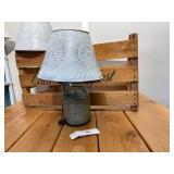 Large Ball Blue Jar made into a Lamp with White Tin Country Shades and A Rosy Cantaloupe Crate