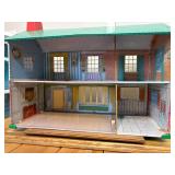 Vintage MCM Large Tin Lithograph Doll House 27"x16"x13" Amazing Condition 30+ Lundby 70