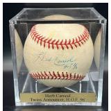 Herb Carneal (HOF Minnesota Twins Announcer) Signed and Inscribed "HOF 96" Baseball Rawlings OMLB Selib Ball w/ cube and plaque