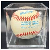 Ron Davis (Minnesota Twins Pitcher 1982-86) Signed Baseball Rawlings OALB Brown Ball w/ cube and plaque