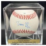 Travis Hafner (Cleveland Indians DH / Jamestown, ND Hometown) Signed Rawlings OMLB Moor Baseball w/ cube and plaque
