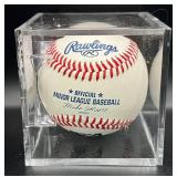 Travis Hafner (Cleveland Indians DH / Jamestown, ND Hometown) Signed Rawlings OMLB Moor Baseball w/ cube and plaque
