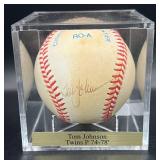 Tom Johnson (Minnesota Twins Pitcher 1974-78) Signed Rawlings OALB Brown  Baseball w/ cube and plaque