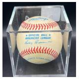 Tom Johnson (Minnesota Twins Pitcher 1974-78) Signed Rawlings OALB Brown  Baseball w/ cube and plaque