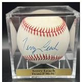 Terry Leach (Minnesota Twins Pitcher 1990-91) Signed Vintage MacGregor  Baseball w/ cube and plaque