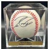 Tom Prince (Minnesota Twins Catcher 2001-2003) Signed Rawlings ONLB White Baseball w/ cube and plaque