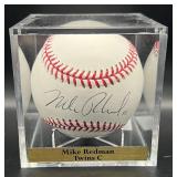 Mike Redman (Minnesota Twins Catcher) Signed Rawlings OMLB Selig Baseball w/ cube and plaque