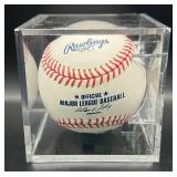 Mike Redman (Minnesota Twins Catcher) Signed Rawlings OMLB Selig Baseball w/ cube and plaque