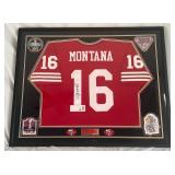 Joe Montana Signed Custom Framed Jersey - Triple Certified Auto (Including PSA DNA) in Beautiful 41.5x33.5" Custom Frame w/ 4 Super Bowl Logo Patch, Custom Plaque and Matting