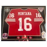Joe Montana Signed Custom Framed Jersey - Triple Certified Auto (Including PSA DNA) in Beautiful 41.5x33.5" Custom Frame w/ 4 Super Bowl Logo Patch, Custom Plaque and Matting