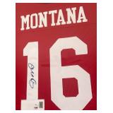 Joe Montana Signed Custom Framed Jersey - Triple Certified Auto (Including PSA DNA) in Beautiful 41.5x33.5" Custom Frame w/ 4 Super Bowl Logo Patch, Custom Plaque and Matting