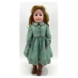 Antique F&W Goebel Porcelain Doll with Green Dress and Brown Shoes