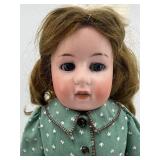Antique F&W Goebel Porcelain Doll with Green Dress and Brown Shoes