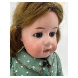 Antique F&W Goebel Porcelain Doll with Green Dress and Brown Shoes