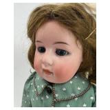 Antique F&W Goebel Porcelain Doll with Green Dress and Brown Shoes