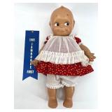 Vintage 1985 Kewpie Doll with Red Floral Dress and Jamboree First Ribbon