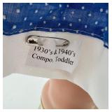 Vintage 1930s & 1940s Compo Toddler Doll in Blue Polka Dot Dress