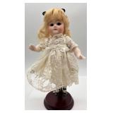 Antique Porcelain Doll with Lace Dress and Stand - Marked 40 / 8